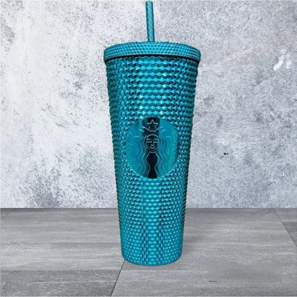 Starbucks Blue Chrome Studded Cup & Keychain Metallic Cyan Tumbler 24oz Ornament - Picture 7 of 9